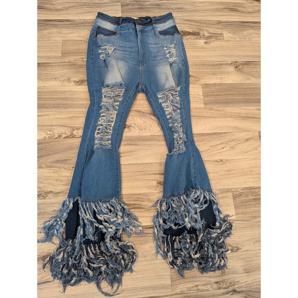 Loverly Fit Women's Plus Size 1XL Distressed Heavy Fringe Flare Jeans High Rise